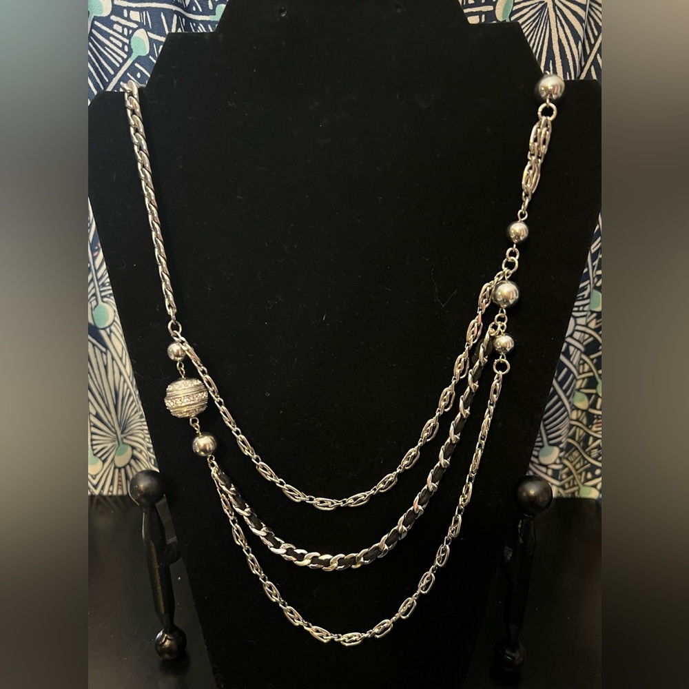Multi Layer Silver Tone Chain With Silver Balls A… - image 1